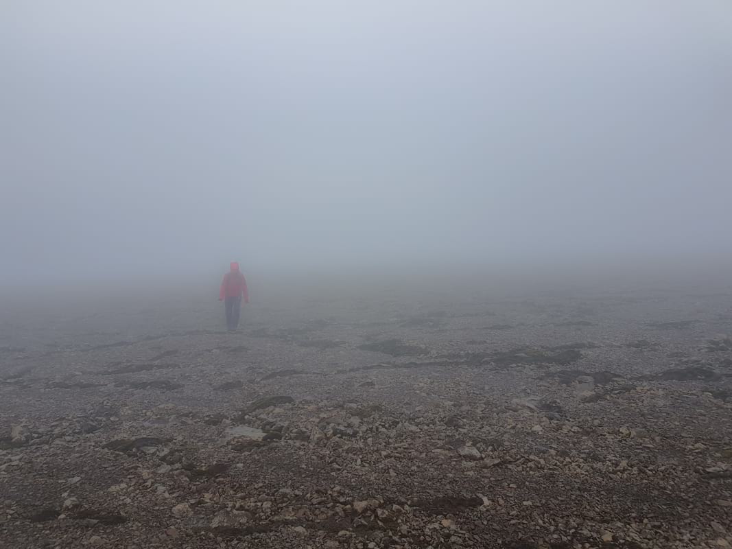 Hiking on Mount Esja Reykjavik in clouds