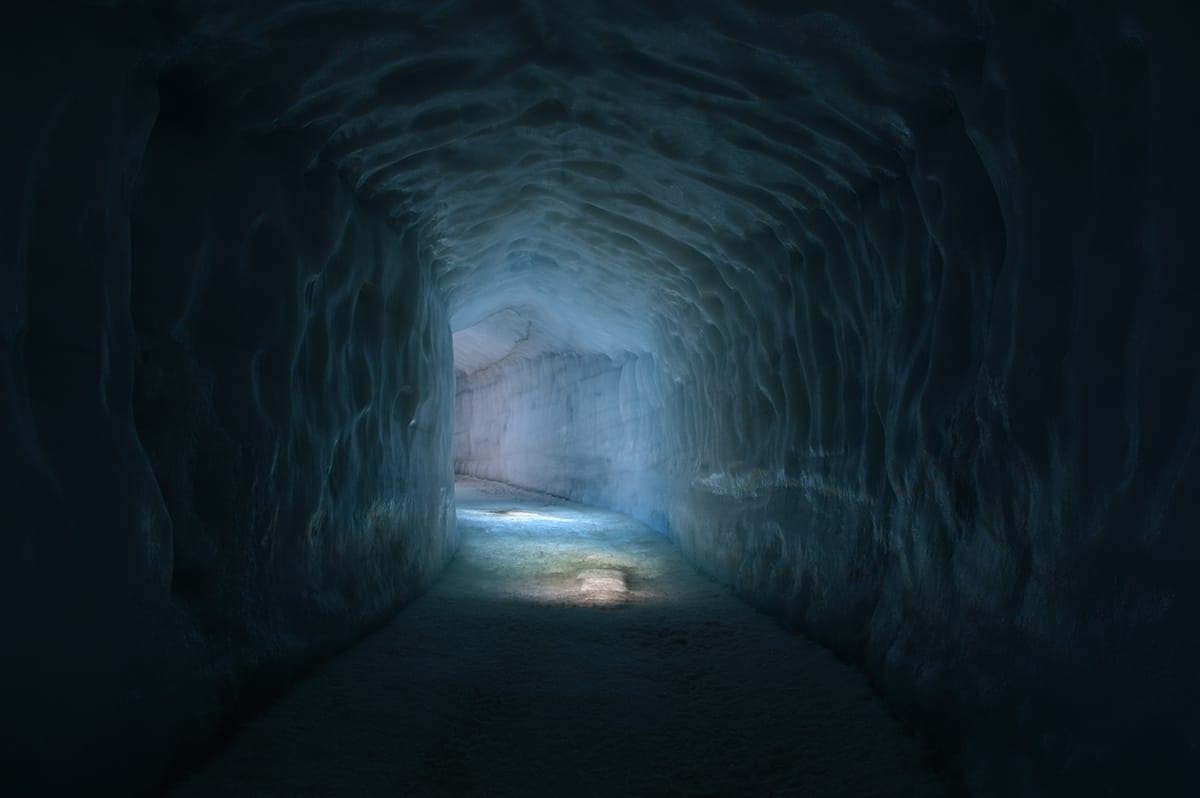 Into the glacier man made ice tunnel in Langjökull glacier