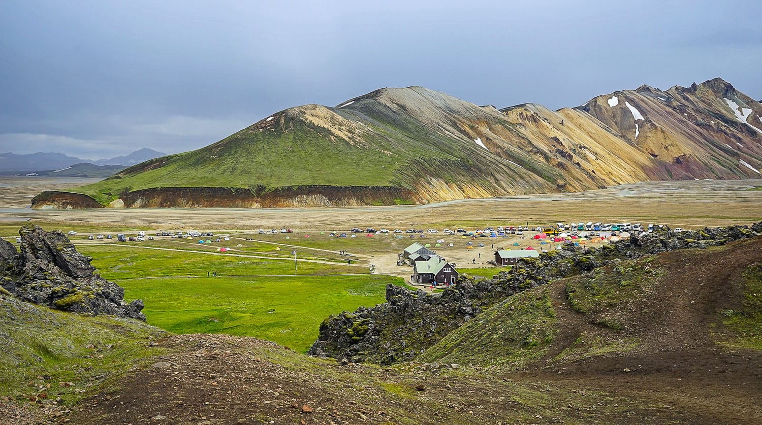 Base camp with plenty if tents and cars in Landmannalaugar