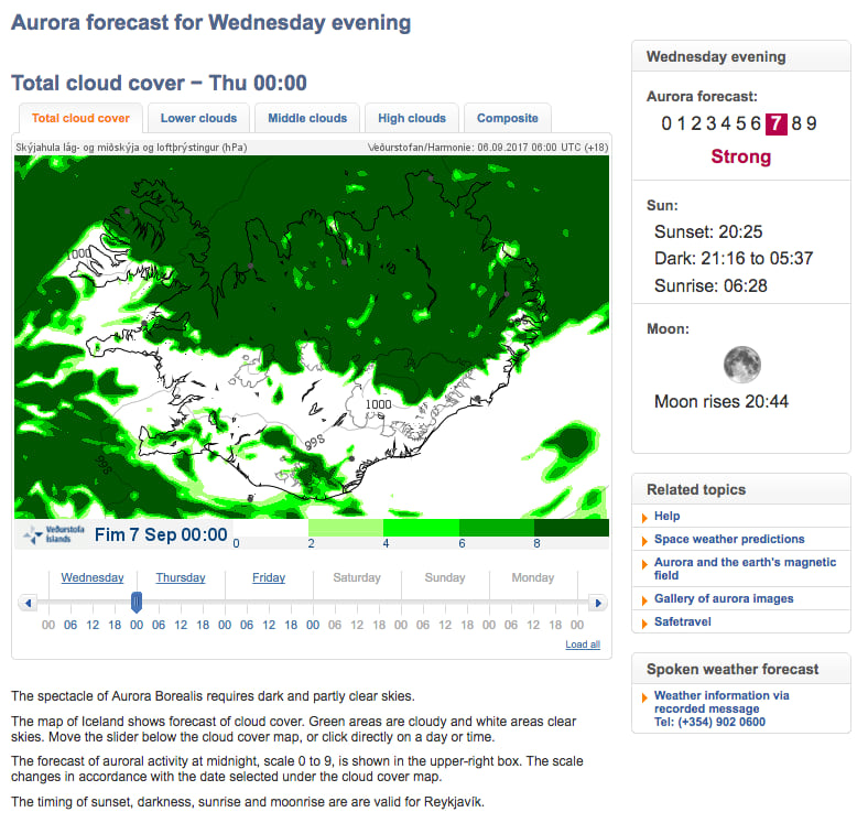 Screenshot from the Icelandic Met office northern lights forecast
