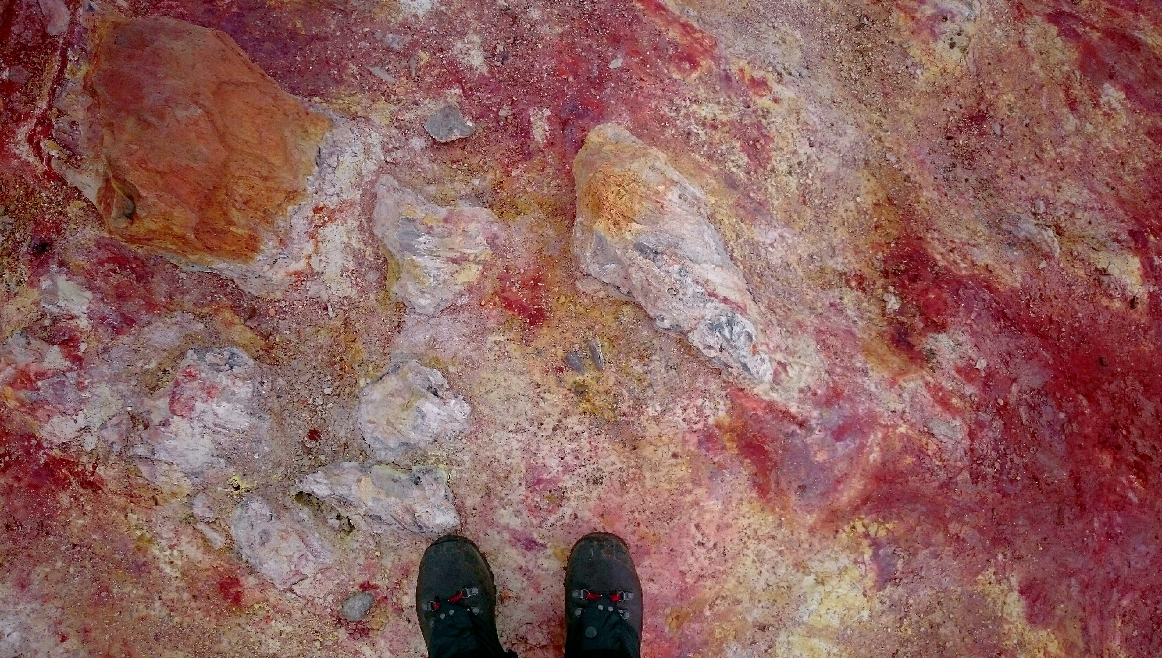 Amazingly colorful ground painted by red iron and yellow rhyolite on Laugavegur trail