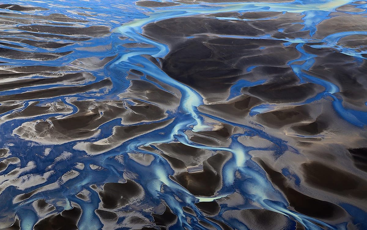 That river Þjórsá seen from a helicopter