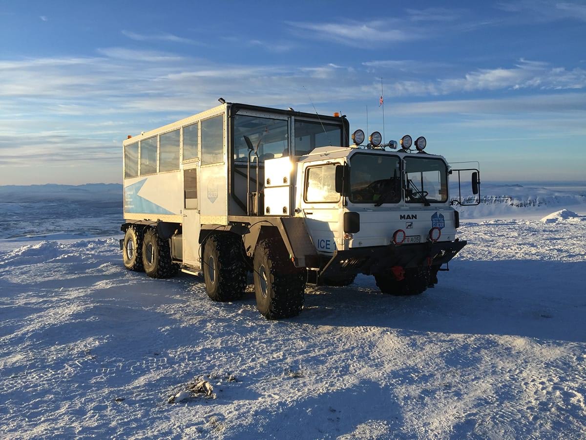 a modified rocket launcher monster truck is takes you to the ice cave entrance